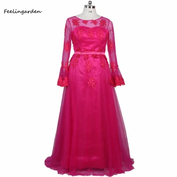 Вечерние платья Feelingarden Robe De Soiree С круглым вырезом, Розово-красное Женское платье длиной до пола, большие размеры, длинные рукава, большие размеры, женское вечернее платье