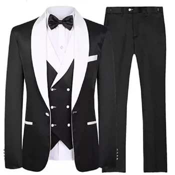 Сшитые на заказ черные мужские костюмы 2023, смокинги для жениха, костюмы для шаферов с отворотом, мужские свадебные костюмы (пиджак + брюки + жилет)
